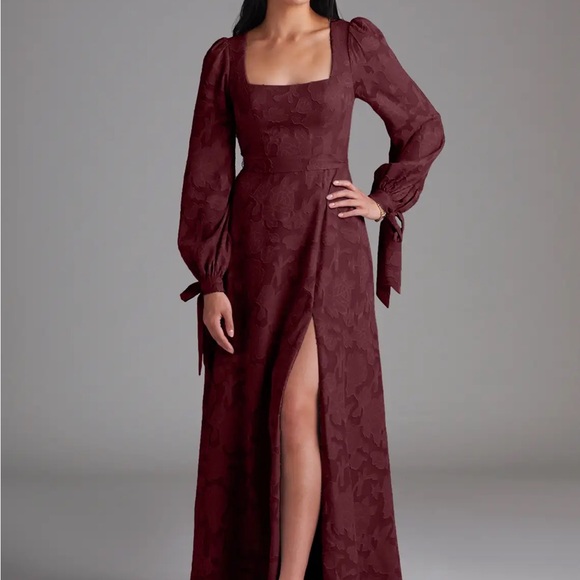 Azazie Dresses & Skirts - Azazie Burgundy Square-Neck Long Sleeve Maxi Dress with Slit